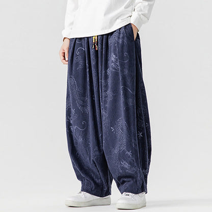 Buddha Stones Winter Dragon Phoenix Pattern Cotton Corduroy Men's Harem Pants With Pockets