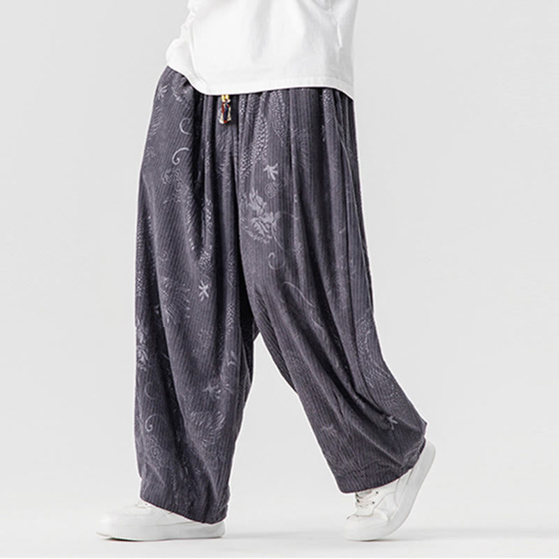 Buddha Stones Winter Dragon Phoenix Pattern Cotton Corduroy Men's Harem Pants With Pockets