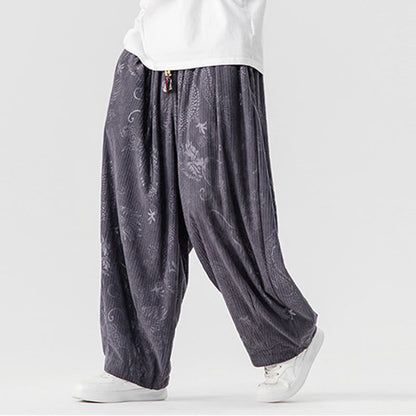 Buddha Stones Winter Dragon Phoenix Pattern Cotton Corduroy Men's Harem Pants With Pockets