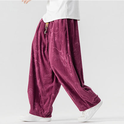 Buddha Stones Winter Dragon Phoenix Pattern Cotton Corduroy Men's Harem Pants With Pockets