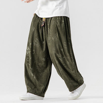 Buddha Stones Winter Dragon Phoenix Pattern Cotton Corduroy Men's Harem Pants With Pockets
