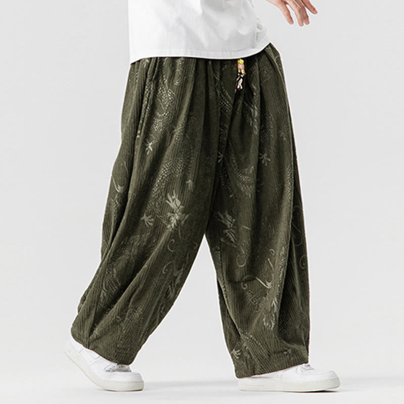 Buddha Stones Winter Dragon Phoenix Pattern Cotton Corduroy Men's Harem Pants With Pockets