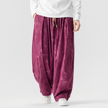 Buddha Stones Winter Dragon Phoenix Pattern Cotton Corduroy Men's Harem Pants With Pockets