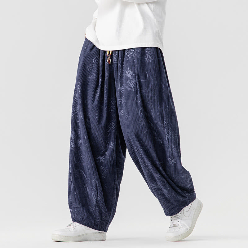 Buddha Stones Winter Dragon Phoenix Pattern Cotton Corduroy Men's Harem Pants With Pockets