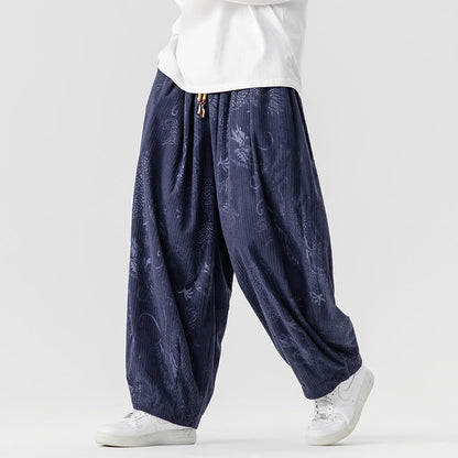Buddha Stones Winter Dragon Phoenix Pattern Cotton Corduroy Men's Harem Pants With Pockets
