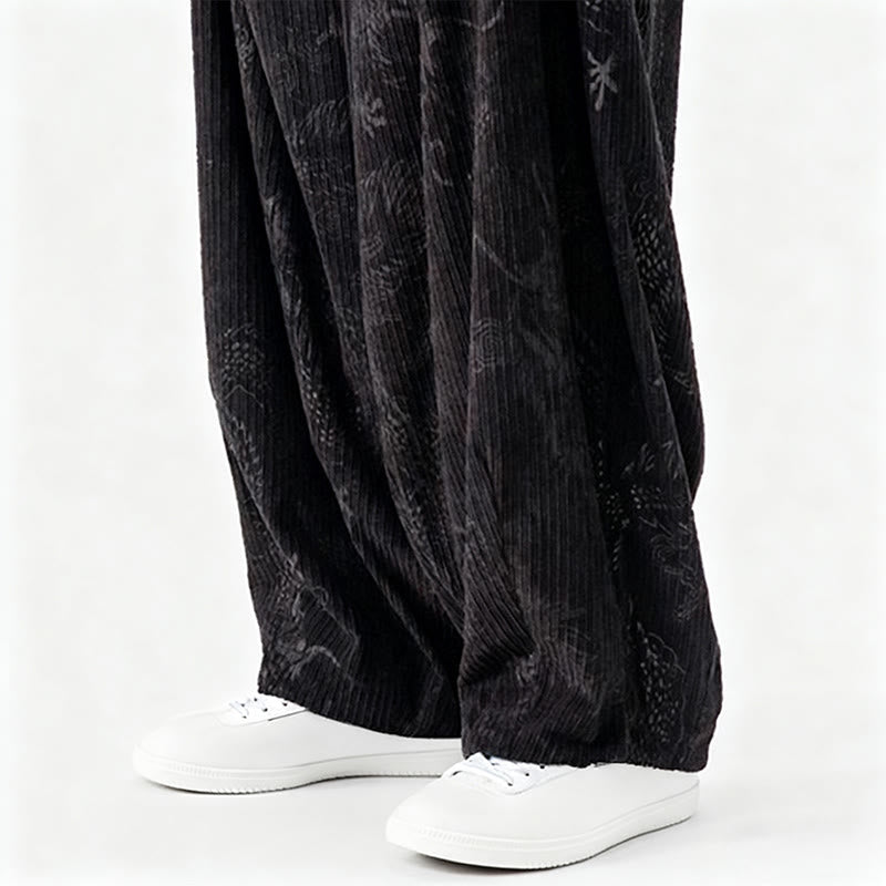 Buddha Stones Winter Dragon Phoenix Pattern Cotton Corduroy Men's Harem Pants With Pockets