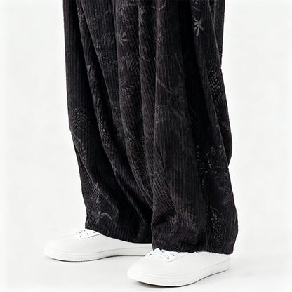 Buddha Stones Winter Dragon Phoenix Pattern Cotton Corduroy Men's Harem Pants With Pockets