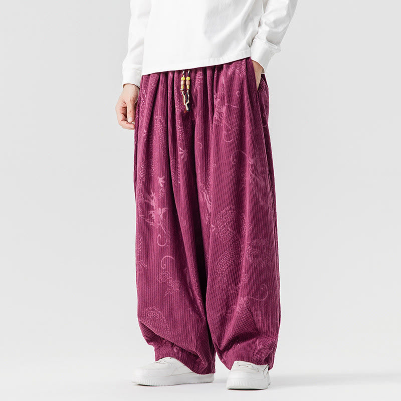Buddha Stones Winter Dragon Phoenix Pattern Cotton Corduroy Men's Harem Pants With Pockets