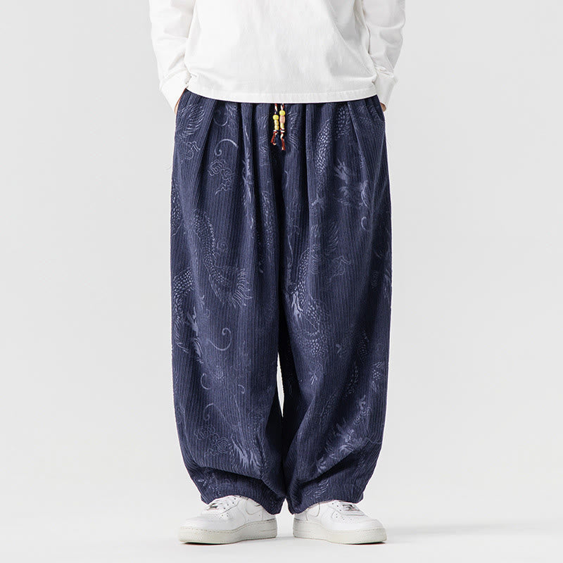 Buddha Stones Winter Dragon Phoenix Pattern Cotton Corduroy Men's Harem Pants With Pockets