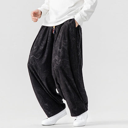 Buddha Stones Winter Dragon Phoenix Pattern Cotton Corduroy Men's Harem Pants With Pockets