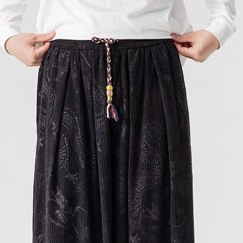 Buddha Stones Winter Dragon Phoenix Pattern Cotton Corduroy Men's Harem Pants With Pockets