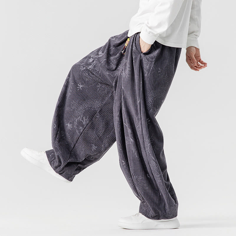 Buddha Stones Winter Dragon Phoenix Pattern Cotton Corduroy Men's Harem Pants With Pockets