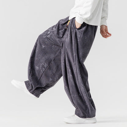 Buddha Stones Winter Dragon Phoenix Pattern Cotton Corduroy Men's Harem Pants With Pockets