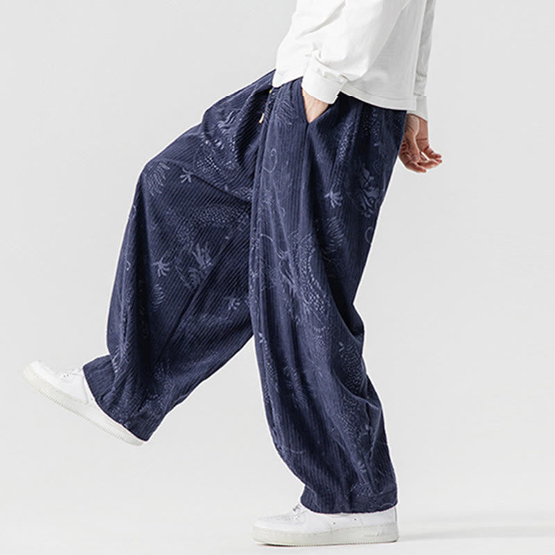 Buddha Stones Winter Dragon Phoenix Pattern Cotton Corduroy Men's Harem Pants With Pockets