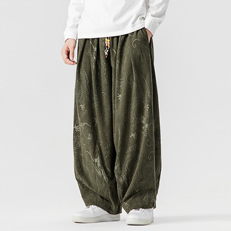 Buddha Stones Winter Dragon Phoenix Pattern Cotton Corduroy Men's Harem Pants With Pockets