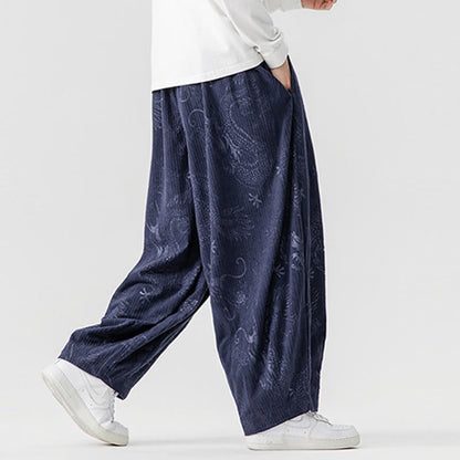 Buddha Stones Winter Dragon Phoenix Pattern Cotton Corduroy Men's Harem Pants With Pockets