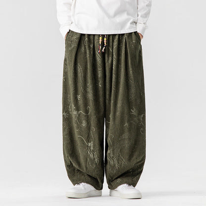 Buddha Stones Winter Dragon Phoenix Pattern Cotton Corduroy Men's Harem Pants With Pockets