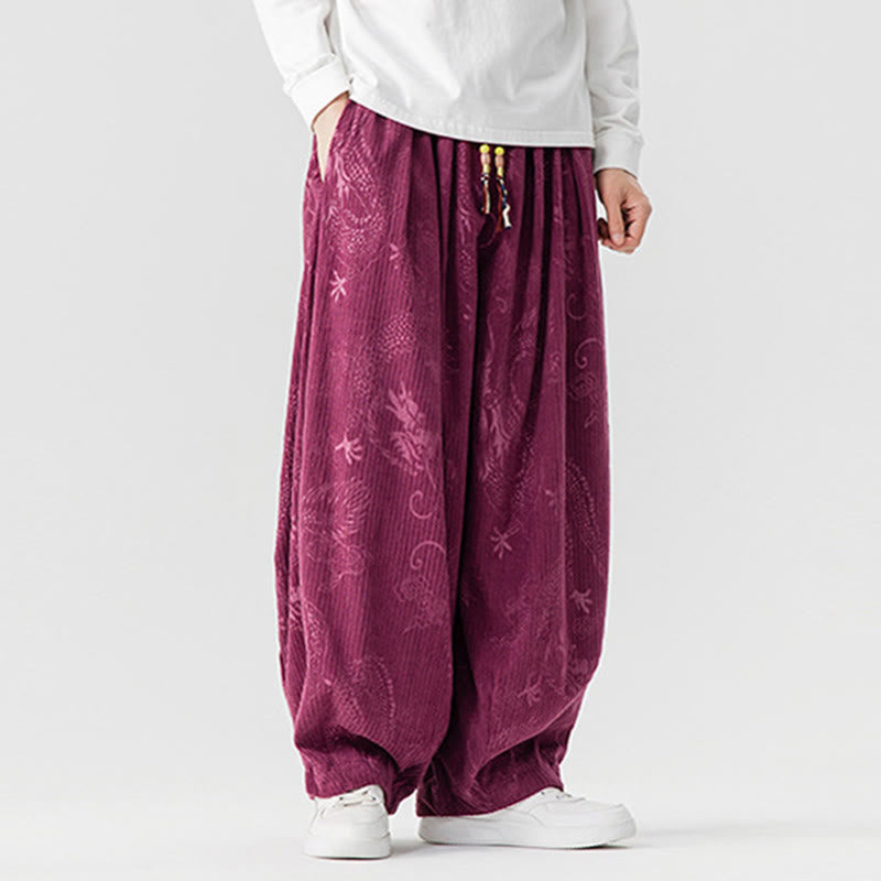 Buddha Stones Winter Dragon Phoenix Pattern Cotton Corduroy Men's Harem Pants With Pockets