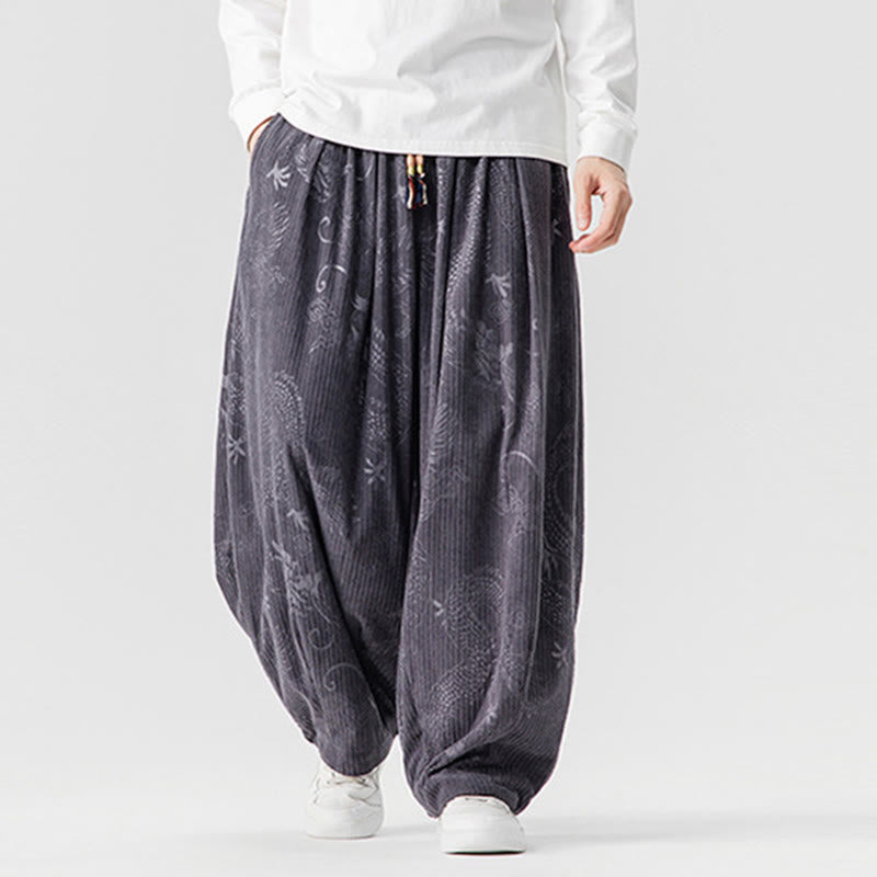 Buddha Stones Winter Dragon Phoenix Pattern Cotton Corduroy Men's Harem Pants With Pockets