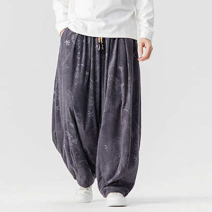Buddha Stones Winter Dragon Phoenix Pattern Cotton Corduroy Men's Harem Pants With Pockets