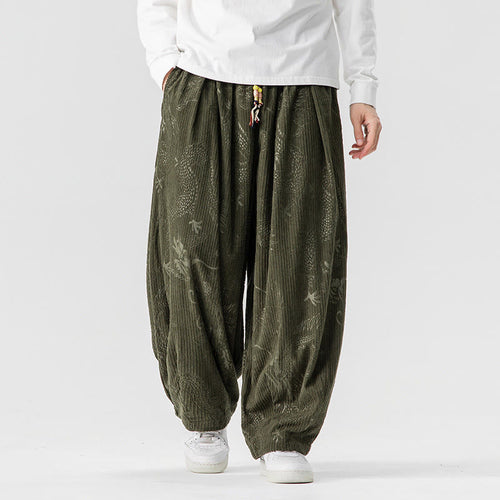 Buddha Stones Winter Dragon Phoenix Pattern Cotton Corduroy Men's Harem Pants With Pockets