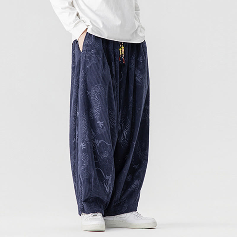 Buddha Stones Winter Dragon Phoenix Pattern Cotton Corduroy Men's Harem Pants With Pockets