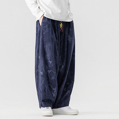Buddha Stones Winter Dragon Phoenix Pattern Cotton Corduroy Men's Harem Pants With Pockets