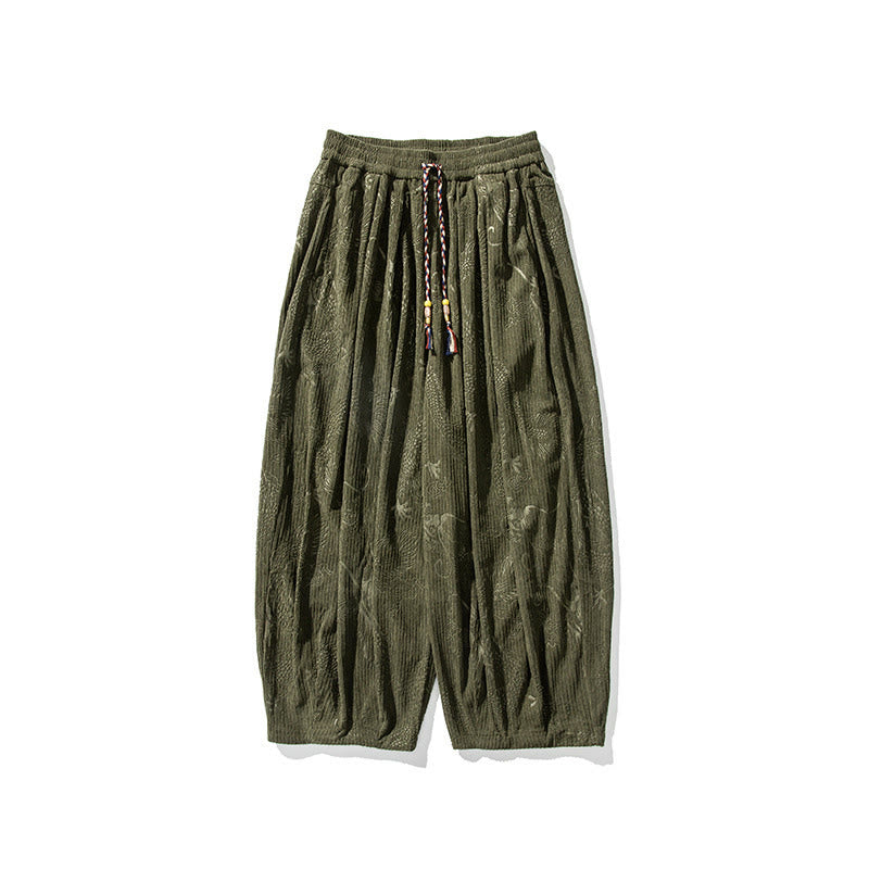 Buddha Stones Winter Dragon Phoenix Pattern Cotton Corduroy Men's Harem Pants With Pockets