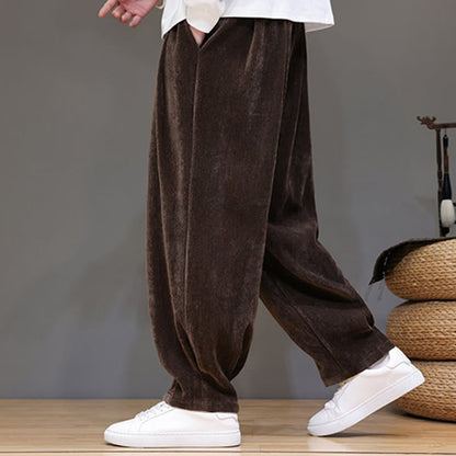 Buddha Stones Winter Pure Color Cotton Men's Harem Thickened Fleece-lined Pants With Pockets
