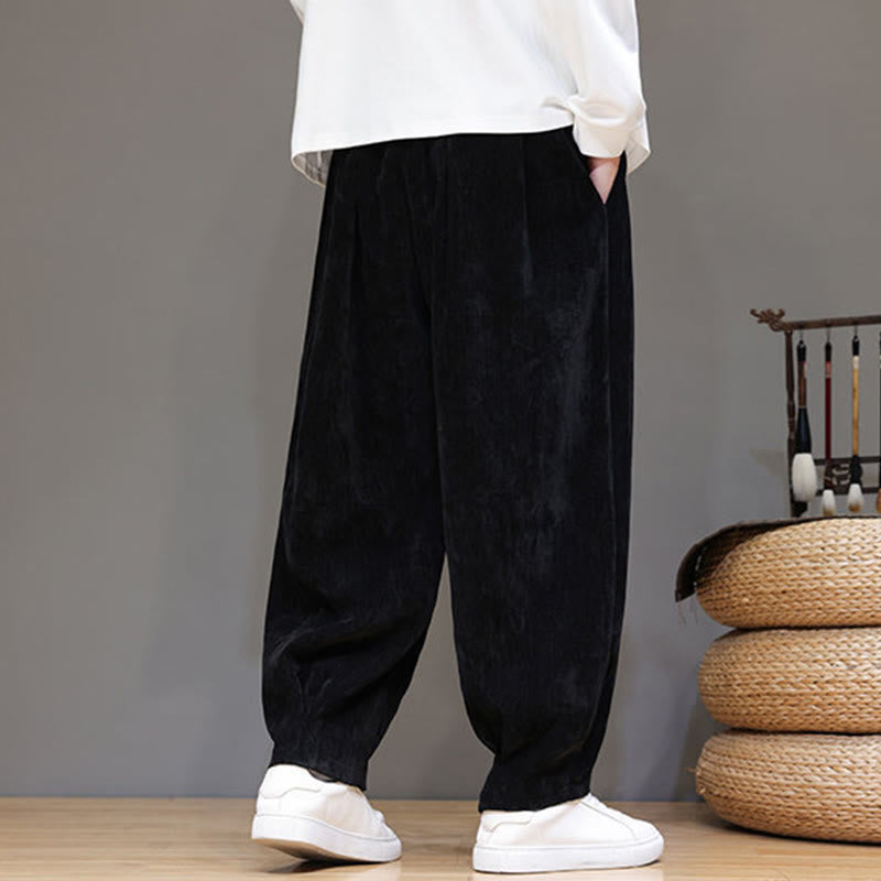 Buddha Stones Winter Pure Color Cotton Men's Harem Thickened Fleece-lined Pants With Pockets