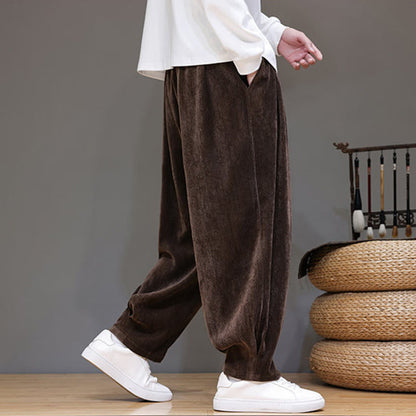 Buddha Stones Winter Pure Color Cotton Men's Harem Thickened Fleece-lined Pants With Pockets