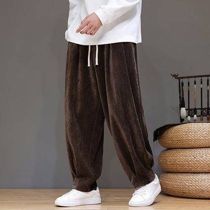 Buddha Stones Winter Pure Color Cotton Men's Harem Thickened Fleece-lined Pants With Pockets