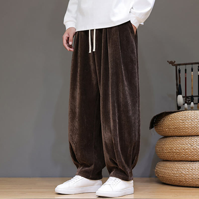 Buddha Stones Winter Pure Color Cotton Men's Harem Thickened Fleece-lined Pants With Pockets