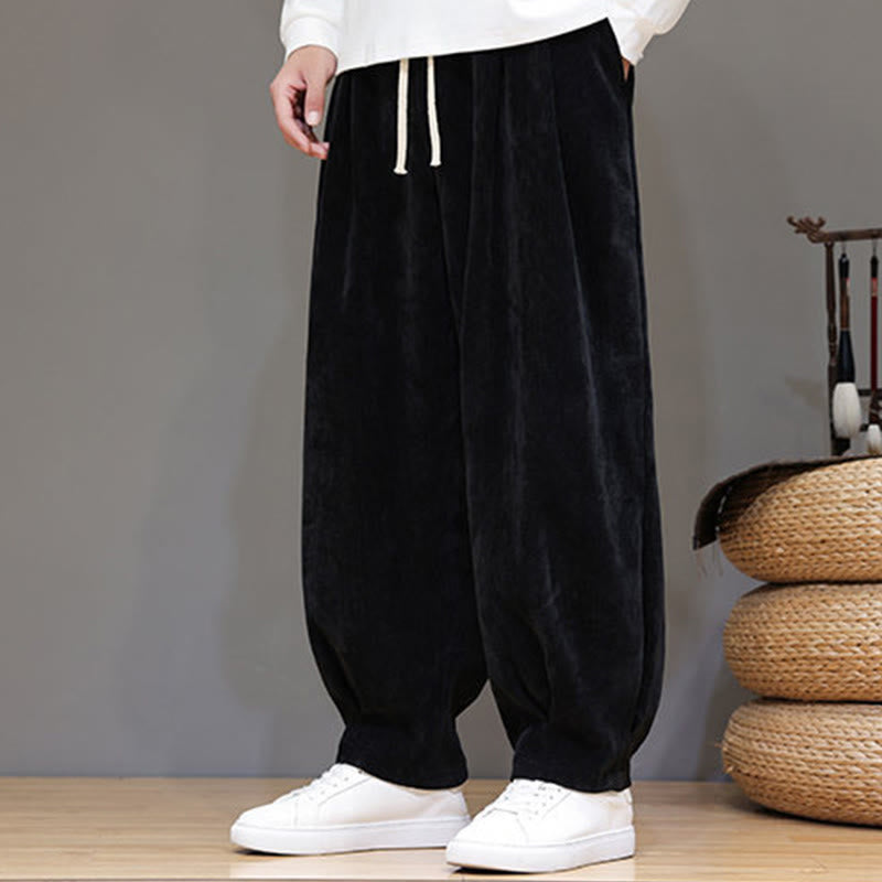 Buddha Stones Winter Pure Color Cotton Men's Harem Thickened Fleece-lined Pants With Pockets