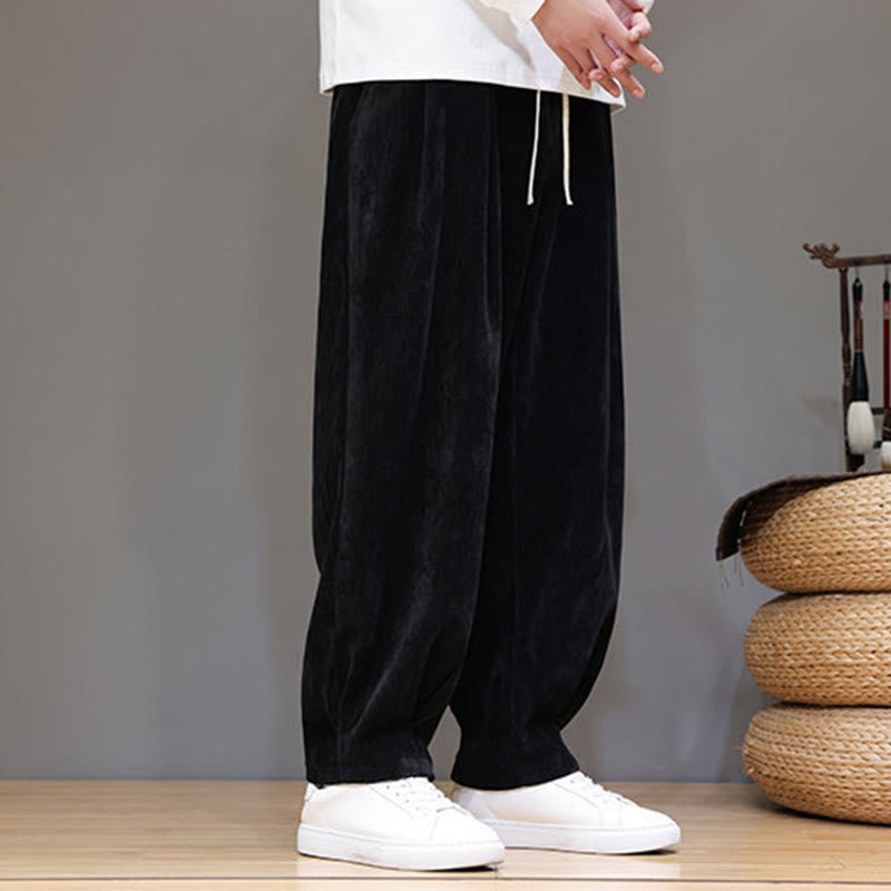 Buddha Stones Winter Pure Color Cotton Men's Harem Thickened Fleece-lined Pants With Pockets