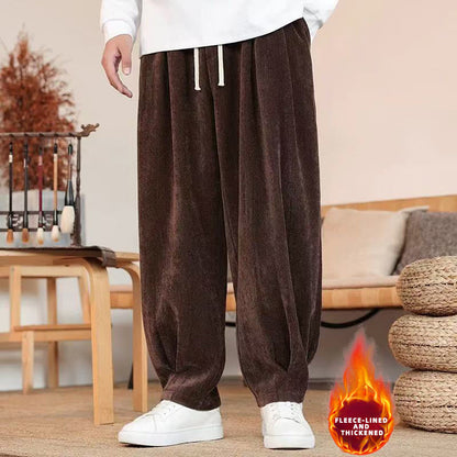 Buddha Stones Winter Pure Color Cotton Men's Harem Thickened Fleece-lined Pants With Pockets