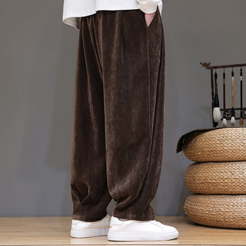 Buddha Stones Winter Pure Color Cotton Men's Harem Thickened Fleece-lined Pants With Pockets