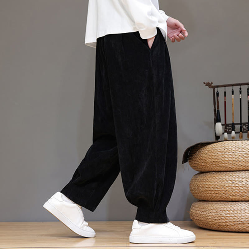 Buddha Stones Winter Pure Color Cotton Men's Harem Thickened Fleece-lined Pants With Pockets
