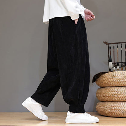 Buddha Stones Winter Pure Color Cotton Men's Harem Thickened Fleece-lined Pants With Pockets