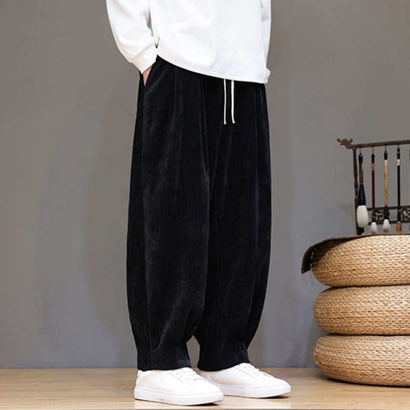 Buddha Stones Winter Pure Color Cotton Men's Harem Thickened Fleece-lined Pants With Pockets
