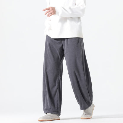 Buddha Stones Spring Pure Color Drawstring Design Corduroy Cotton Men's Harem Pants With Pockets
