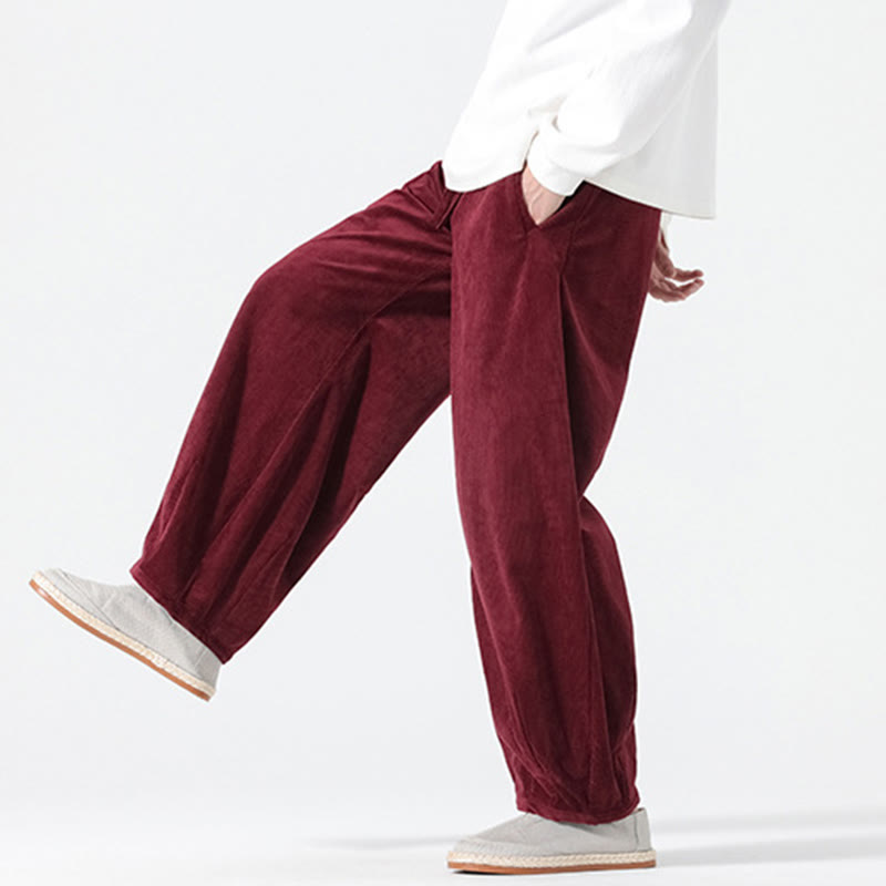 Buddha Stones Spring Pure Color Drawstring Design Corduroy Cotton Men's Harem Pants With Pockets