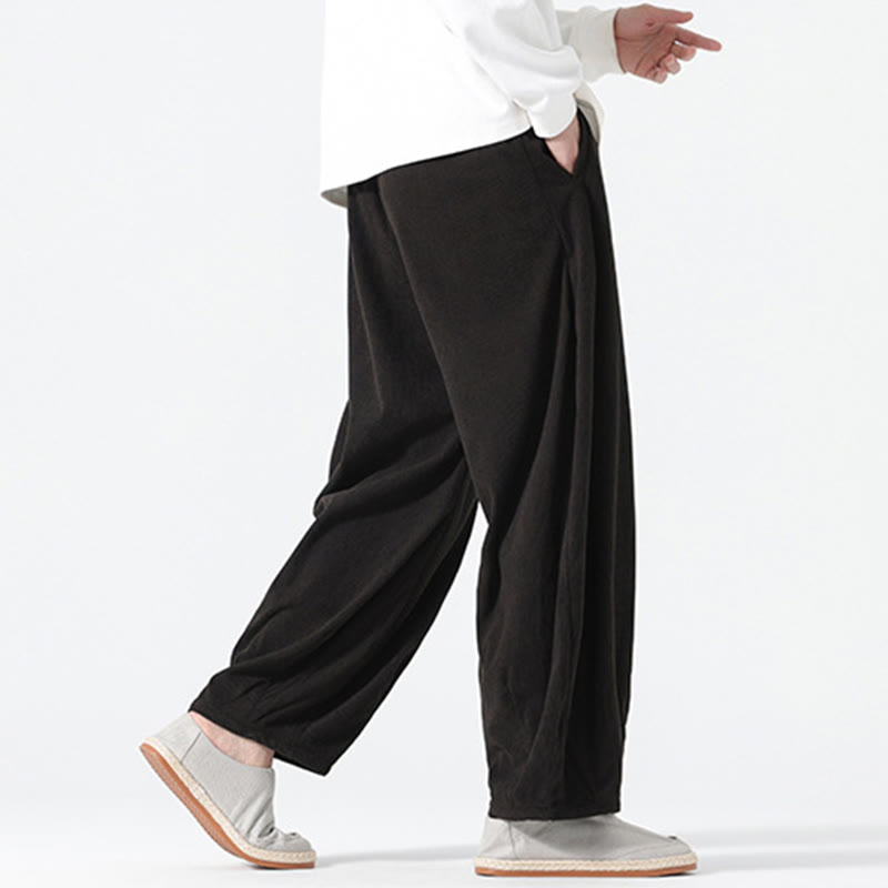 Buddha Stones Spring Pure Color Drawstring Design Corduroy Cotton Men's Harem Pants With Pockets