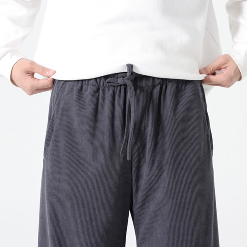 Buddha Stones Spring Pure Color Drawstring Design Corduroy Cotton Men's Harem Pants With Pockets