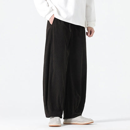 Buddha Stones Spring Pure Color Drawstring Design Corduroy Cotton Men's Harem Pants With Pockets