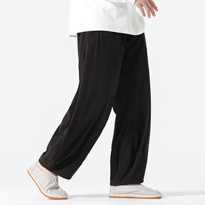 Buddha Stones Spring Pure Color Drawstring Design Corduroy Cotton Men's Harem Pants With Pockets