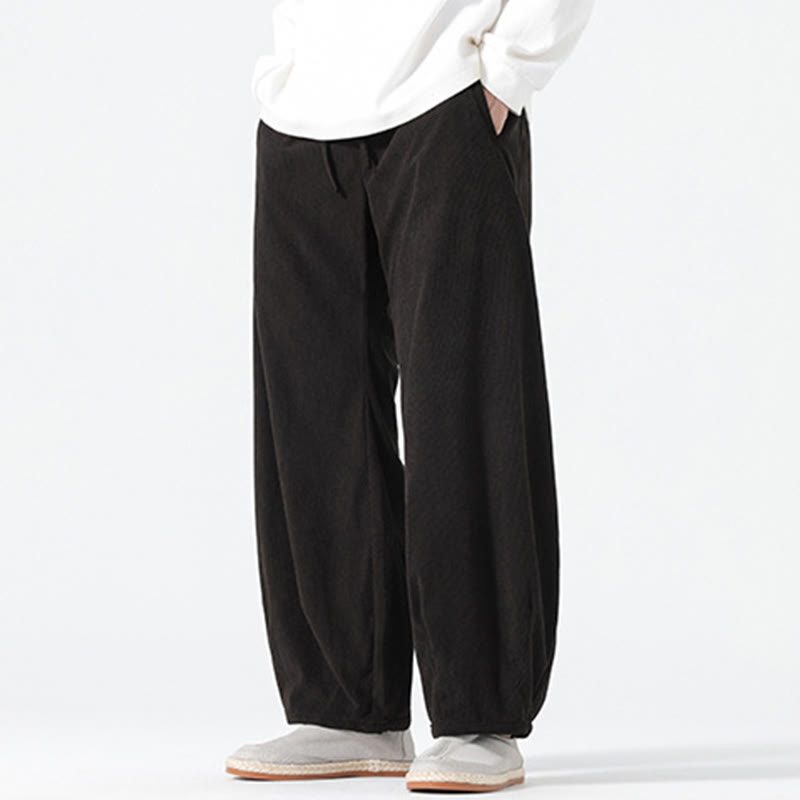 Buddha Stones Spring Pure Color Drawstring Design Corduroy Cotton Men's Harem Pants With Pockets