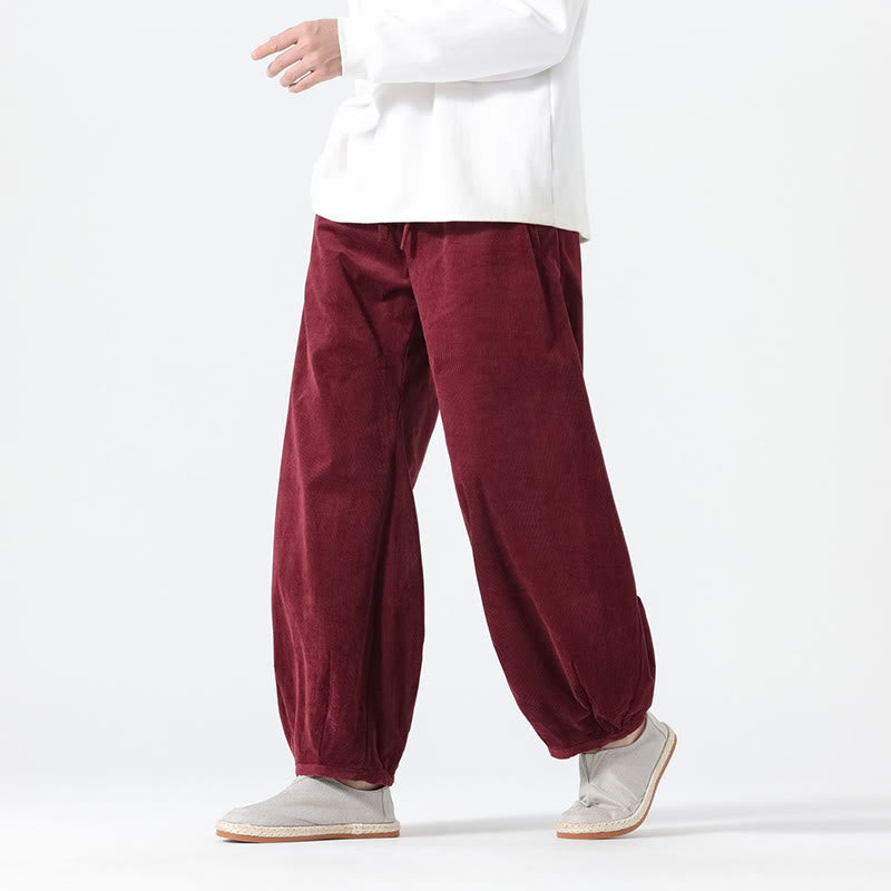 Buddha Stones Spring Pure Color Drawstring Design Corduroy Cotton Men's Harem Pants With Pockets