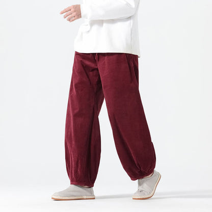 Buddha Stones Spring Pure Color Drawstring Design Corduroy Cotton Men's Harem Pants With Pockets