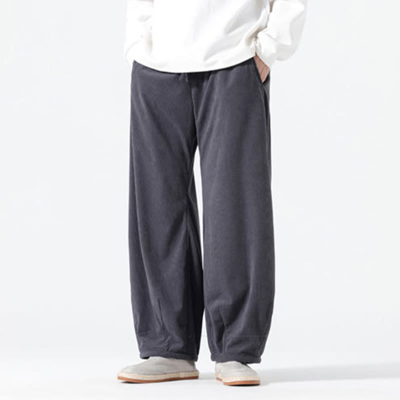 Buddha Stones Spring Pure Color Drawstring Design Corduroy Cotton Men's Harem Pants With Pockets